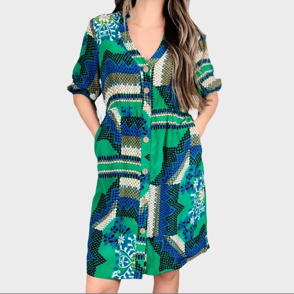 Moulinette Soeurs 100% Silk Rainforest Morning Green Patterned Shirt Dress, 4